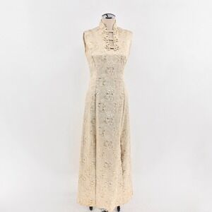 Aldens Fashions Brocade Cheongsam Qipao Dress Size M Champagne Gold Maxi Vintage
